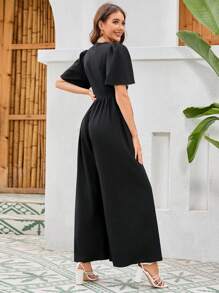 Seusyu 女士幾何圖案v領泡泡袖連身褲,帶口袋和側邊條紋 - 黑色 - 查看 2