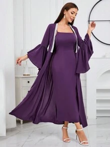 Modelyn Ladies' Spaghetti Strap Dress And Faux Pearl Woven Belted Flare Sleeve Jacket Two-Piece Set - Purple - View 4