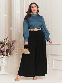 Modelyn Camisa De Talla Grande De Color Sólido Con Cuello Alto Y Mangas De Linterna - Azul - Ver 4
