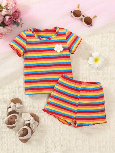 SHEIN Vintaside Kids 寶寶女孩條紋3d花短袖上衣和短褲