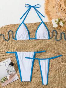 SHEIN Swim Women's Colorblock Contrast Binding Halter Bikini Set,3pcs Swimwear Summer Beach - Multicolor - View 1