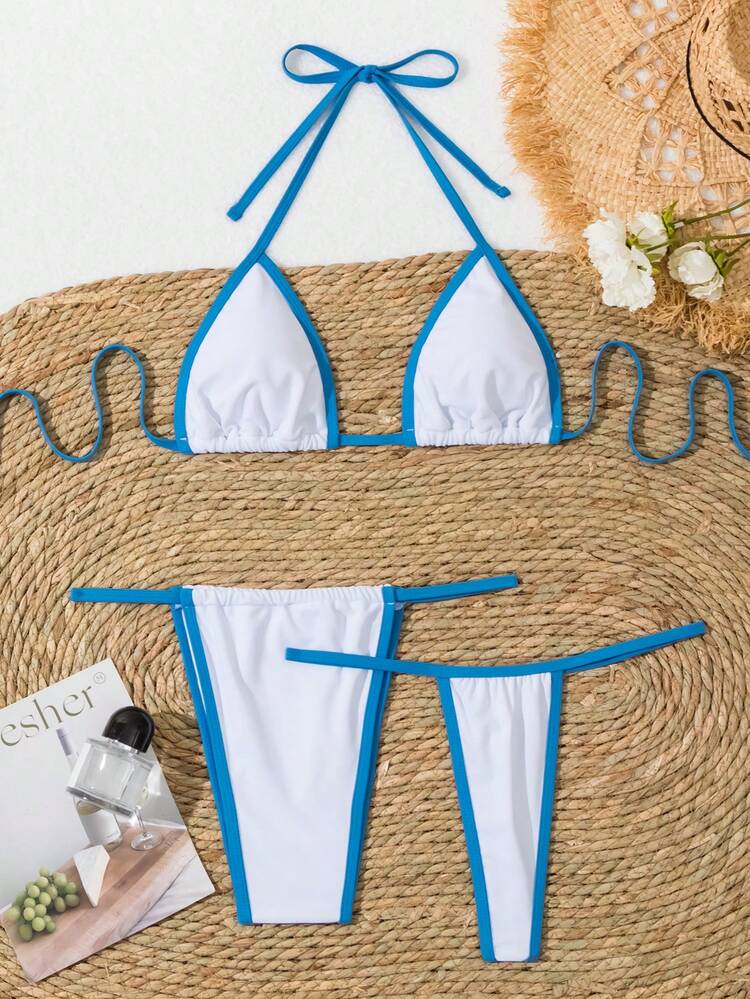 Women's Colorblock Contrast Binding Halter Bikini Set,3pcs Swimwear Summer Beach