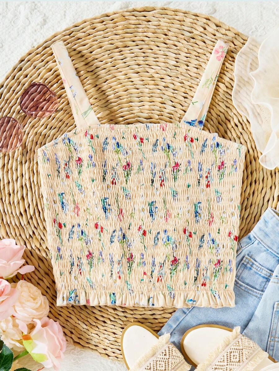 Teen Girl Phong cách đi nghỉ mát giản dị Đồng quê có hoa crop top với diềm xếp nếp, mùa hè - Nhiều màu - Xem 1