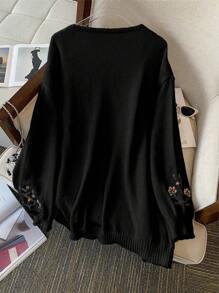 Franclia 大码女式纯色刺绣花卉休闲开衫 - 黑色 - 查看 2