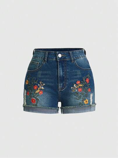 Fairycore Short en jean pour femme à la mode avec franges brodées et motifs de fleurs, école