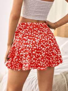 SHEIN VCAY In hoa Ditsy Hai lớp bờ biển Mùa hè Hem Váy mini - Đỏ - Xem 2