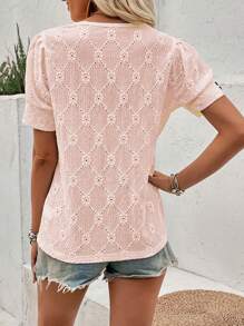 SHEIN LUNE 女士圓領短泡袖燃燒繡花t恤 - 粉色 - 查看 2