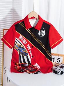 SHEIN Tween Boy Loose Fit Race Car Pattern Polo Áo sơ mi có tay áo ngắn - Đỏ - Xem 4