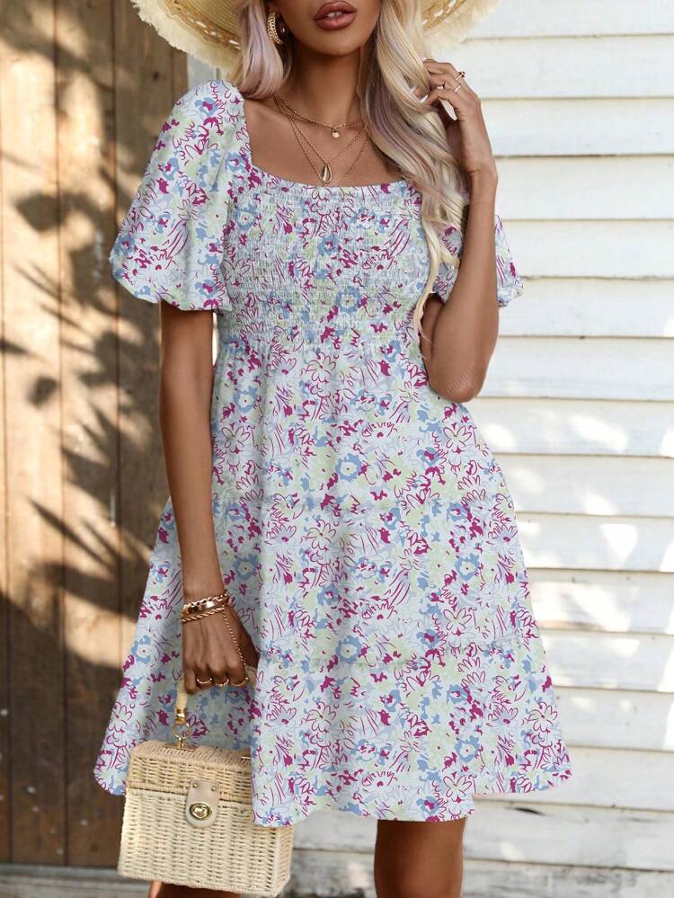 Plus Size Printed Square Neck Bubble Sleeve Dress