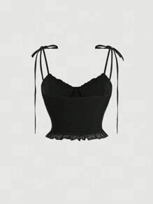 SHEIN MOD Plus Size Black Shoulder Strap Tank Top With Lace & Fish-Tail Hem, Side Slit Skirt, Suitable For Summer - Black - View 7