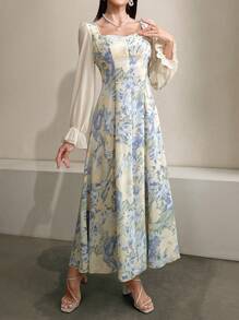 Mulvari 花卉印花甜心领口收腰连衣裙超长款女士长款晚礼服 - 淺藍色 - 查看 4