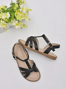 1 par de sandalias planas de estilo T de PU a la moda para niña, cómodas y versátiles, adecuadas para uso diario, bodas, fiestas, estilo bohemio de verano