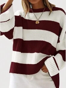 女士圆领落肩长袖宽松休闲条纹毛衣秋冬季 - 酒紅色 - 查看 3