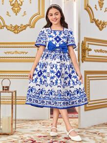 SHEIN Rochie pentru fete Tween, cu formă relaxată, cu imprimeu geometric, lejer, cu gât pătrat