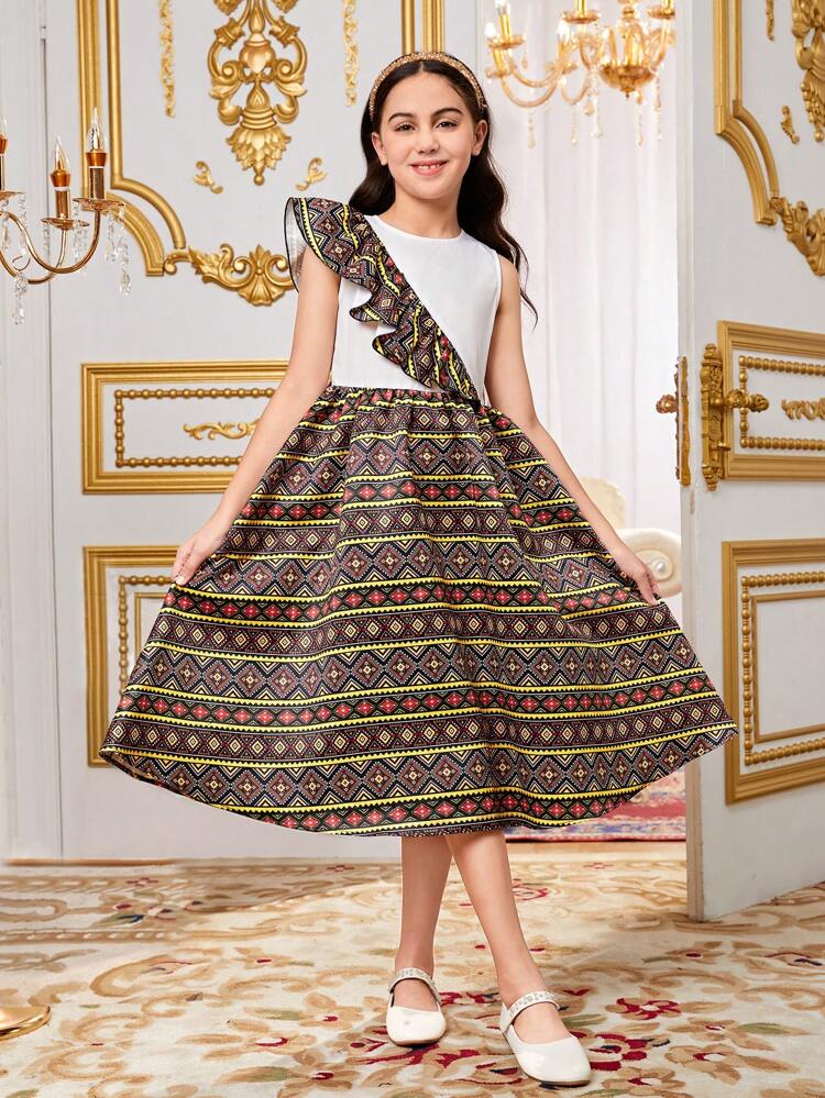 Tween Girls' Loose Fit Casual Geometric Printed Ruffled Hem Dress