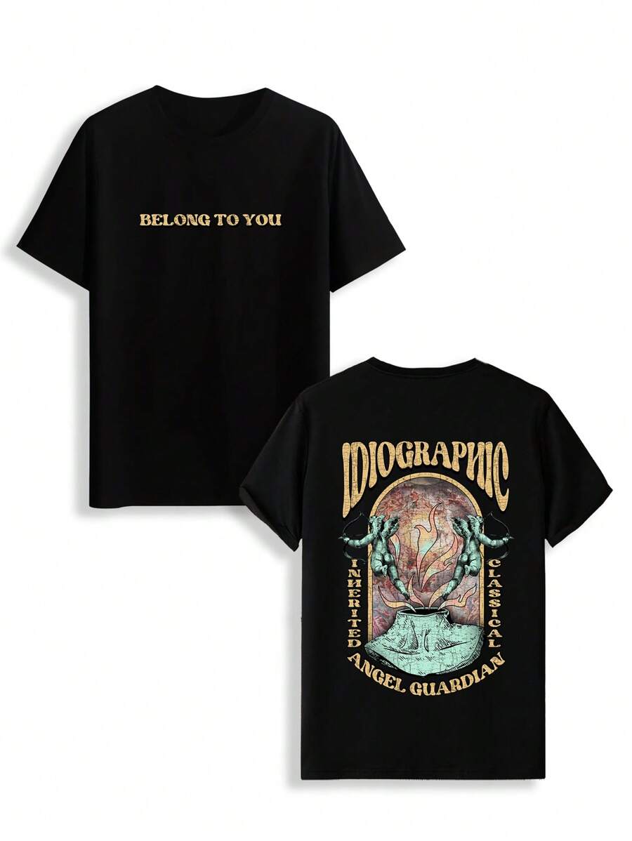 男士天使&字母印花圓領短袖t恤 - 黑色 - 查看 1