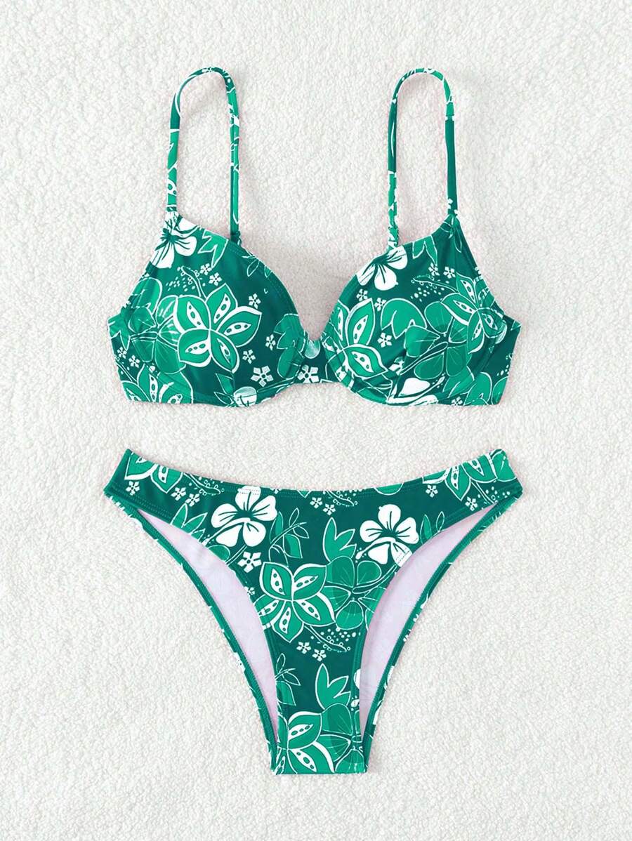 SHEIN Swim Summer Beach Tropical Print Underwire Design Swimwear Set - Green - View 1