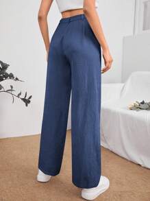 SHEIN PETITE Solid High Waist Pants - Navy Blue - View 2