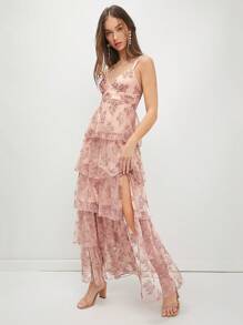 Enchnt Women's Floral Lace High Slit Spaghetti Strap Dress
