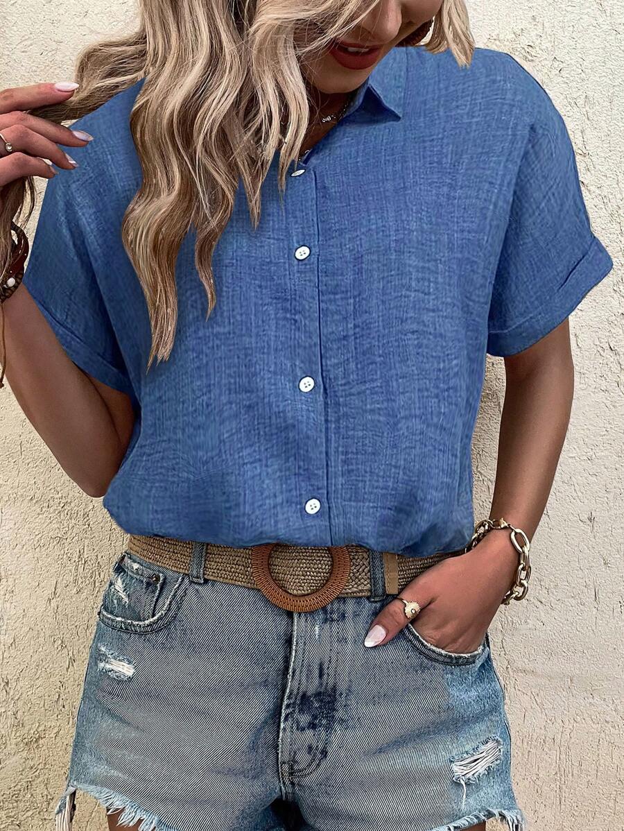 SHEIN LUNE Nút lên Ngắn tay Giải trí Áo sơ mi - Màu xanh lam - Xem 1