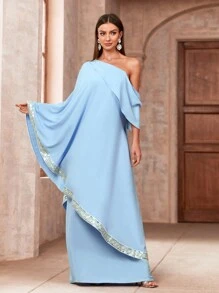 SHEIN Belle 女士不對稱領口閃亮亮片蝙蝠袖伴娘禮服正式舞會禮服 - 藍色 - 查看 4