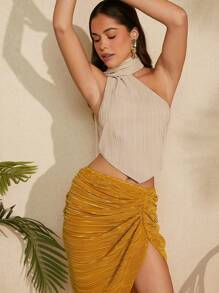 Hauture Women's Solid Colored Asymmetrical Hem Draped Skirt