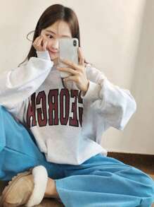 DAZY 字母圖案落肩袖運動衫 - 灰色 - 查看 3