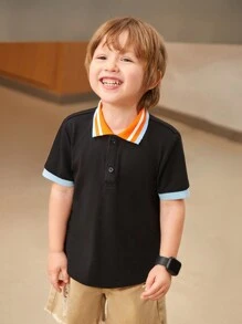 SHEIN Jonge jongen 1 stuk Casual College stijl Kleurblok Kraag & Mouw Zoom Korte mouwen Polo Comfortabel Kledingstof , Ademend En Terug naar school , Geschikt Voor Zomer Seizoen