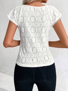 SHEIN Clasi 女士方領蕾絲荷葉邊袖t恤,白色女款t恤 - 白色 - 查看 2