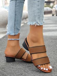 女性加大碼棕色高跟涼鞋,夏季休閒時尚編織涼鞋,舒適粗跟性感沙灘拖鞋 - 棕色 - 查看 4