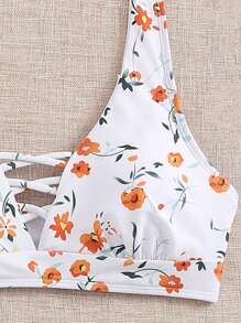 SHEIN Swim Bộ Bikini Cổ Ruffle Hem Halter Họa Tiết Hoa Ditsy dành cho Nữ Đi Biển Mùa Hè - xanh quân đội - Xem 4