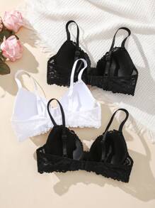 3pcs/Set Women's Lace Solid Color Bra With Underwire - Black and White - View 2