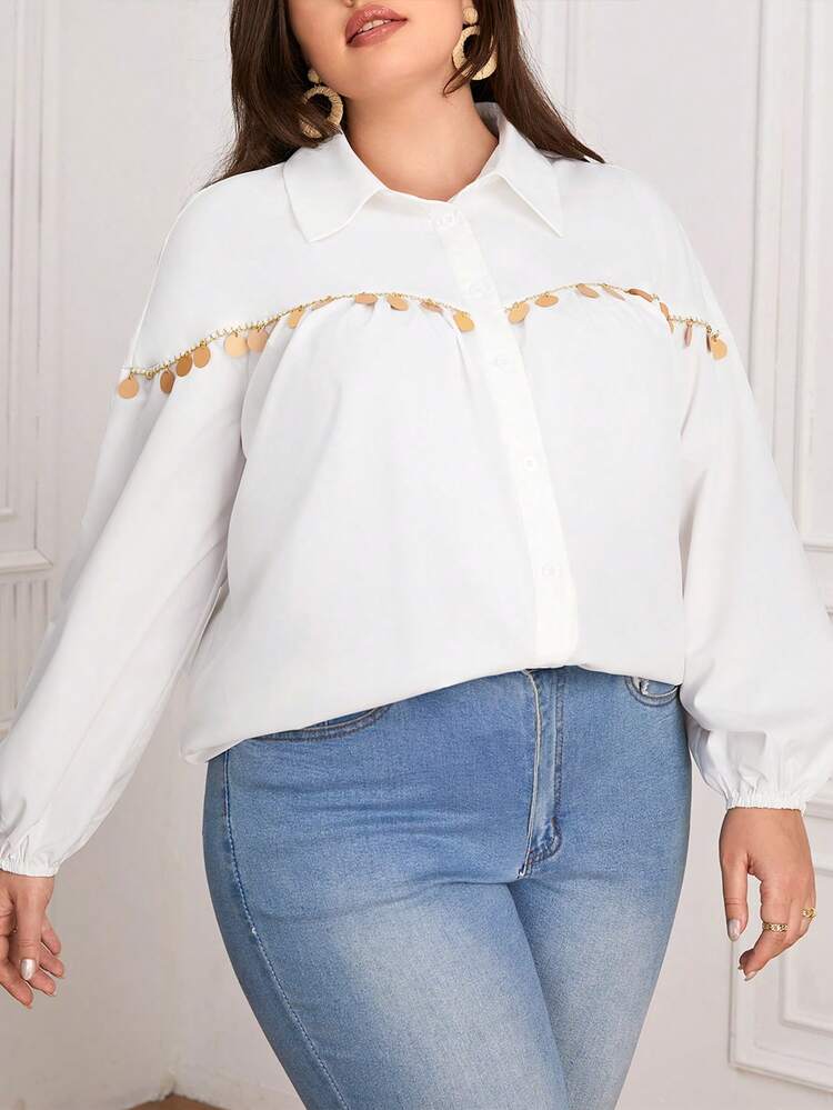 Plus Size Sequin Fringe Trimmed Casual Long Sleeve Shirt