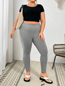 SHEIN Essnce 大码春夏装针织罗纹修身打底裤长款休闲运动裤紧身裤灰色打底裤运动裤休闲裤舒适弹力打底裤 - 灰色 - 查看 5