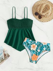 SHEIN Swim 女士纯色细肩带上衣和全身印花三角泳装套装，海滩装分体式泳衣套装夏季，夏季海滩 - 綠色 - 查看 3