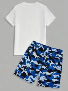 Manfinity VCAY Men Cartoon Rabbit Printed T-Shirt & Camouflage Woven Shorts Set - Royal Blue - View 2