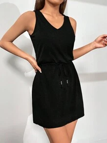 SHEIN EZwear Vestido Sin Mangas Negro Con Cintura Ajustable Y Cordones Para Mujer