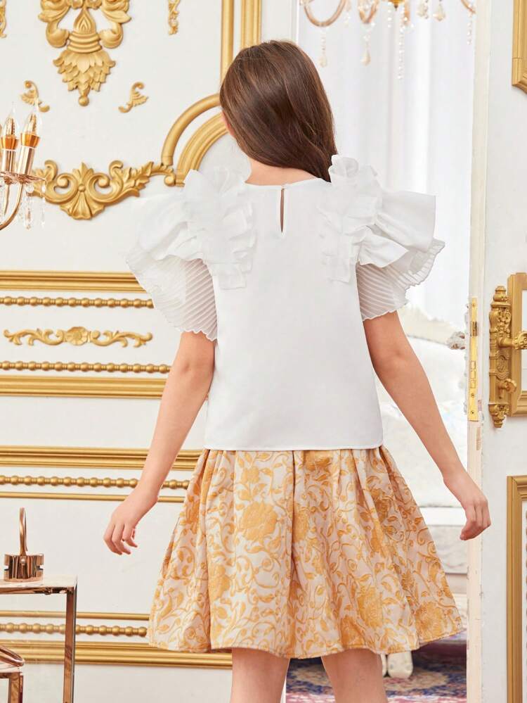 Tween Girls' Loose Cute Ruffle Trim Blouse And Skirt Set