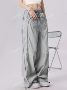 Women's Drawstring Waist Pocket Patchwork Casual Sports Pants