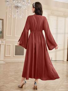 Modelyn 女式闪亮拼色蝙蝠袖阿拉伯收腰连衣裙 - 紅色 - 查看 2