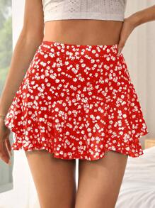 SHEIN VCAY In hoa Ditsy Hai lớp bờ biển Mùa hè Hem Váy mini - Đỏ - Xem 1