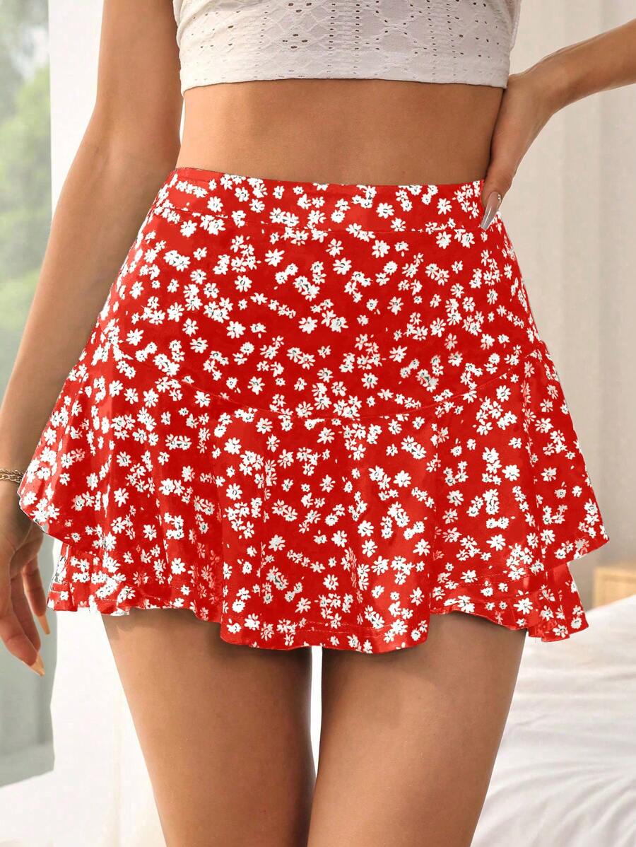 SHEIN VCAY In hoa Ditsy Hai lớp bờ biển Mùa hè Hem Váy mini - Đỏ - Xem 1
