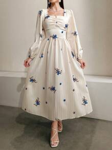Modelyn 花卉印花方领高腰灯笼袖连衣裙超长女士长款晚礼服 - 杏色 - 查看 6