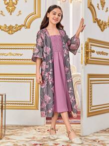 SHEIN Tween Girls' Losse Casual Jacquard Open Front Jas Met Spaghettibandjes Jurk Tweedelige Set