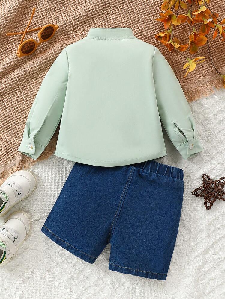 2pcs/Set Baby Boy Dinosaur Embroidered Long Sleeve Top And Washed Denim Shorts, Spring/Summer Fashionable Outfit