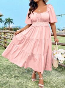 Flirla 加大码纯色短袖前系带荷叶边下摆优雅长裙女装
