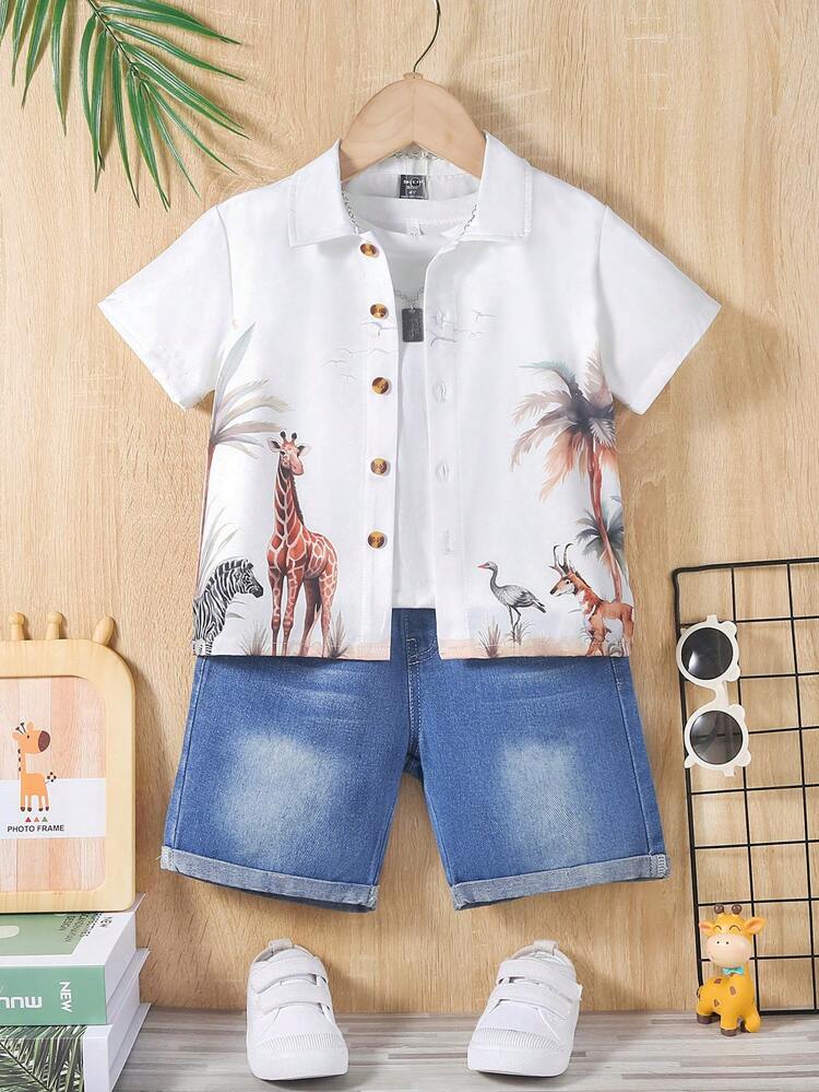 Baby Boys' Casual Vacation Style Giraffe And Coconut Tree Print Short Sleeve Top & Mid Wash Elastic Waist Wide Leg Denim Shorts Set