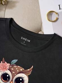 INAWLY 女士卡通猫头鹰印花圆领短袖 T 恤图案 T 恤女式上衣 - 黑色 - 查看 6