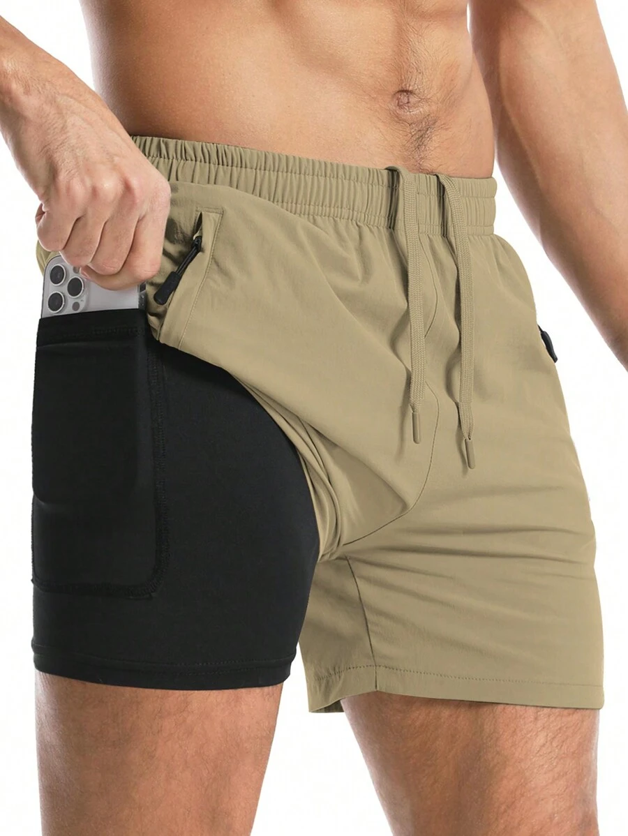 Manfinity Running 男友风格男士拼色运动短裤，配有手机口袋健身短裤