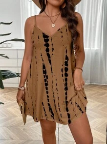 SHEIN LUNE 大码扎染印花休闲吊带连衣裙 - 棕色 - 查看 6